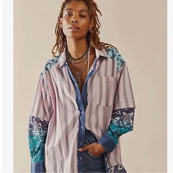 New Free  People Wild Dunes Stripe Shirt Size XS new - Picture 2 of 9